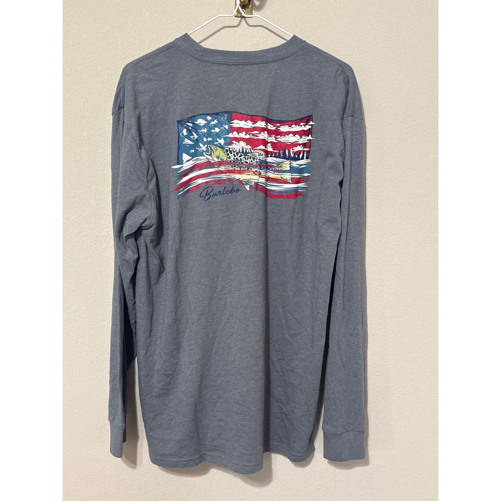 Burlebo Long Sleeve Pocket Tee Mens Large Gray American Flag Trout Fishing Shirt